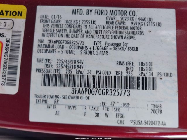 3FA6P0G70GR325773 Ford FUSION S
