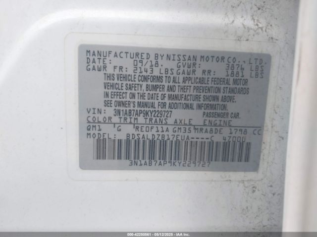 3N1AB7AP9KY229727 Nissan SENTRA SV