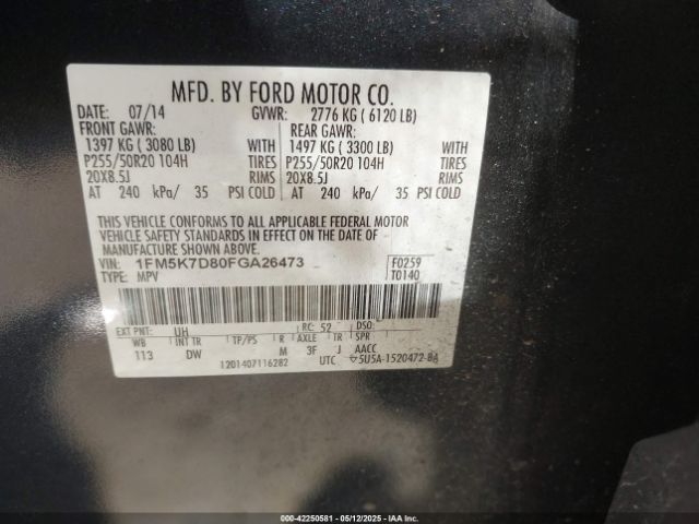1FM5K7D80FGA26473 Ford EXPLORER XLT