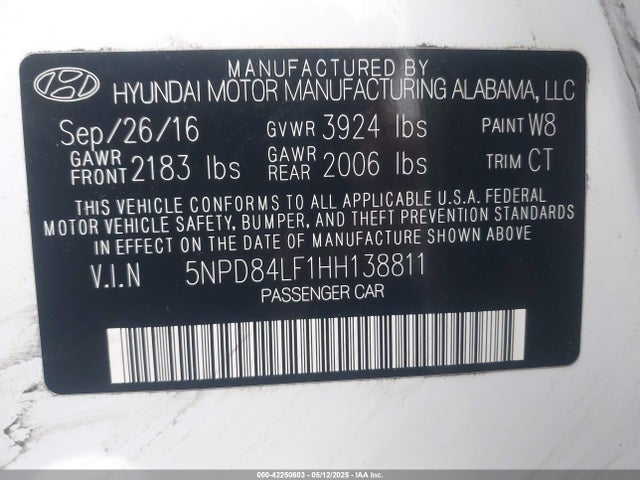 5NPD84LF1HH138811 Hyundai Elantra Value Edition