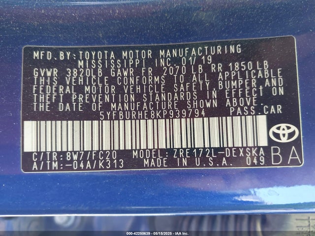 5YFBURHE8KP939794 Toyota COROLLA SE
