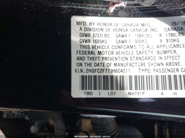 2HGFC2F77JH604211 Honda CIVIC EX