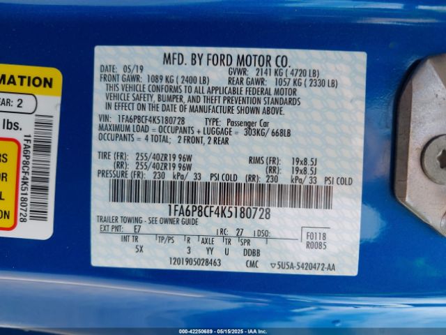 2019 FORD MUSTANG 1FA6P8CF4K5180728 Photo 8