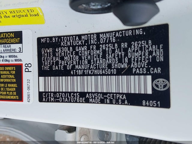 4T1BF1FK7HU645010 Toyota 2ar-fe