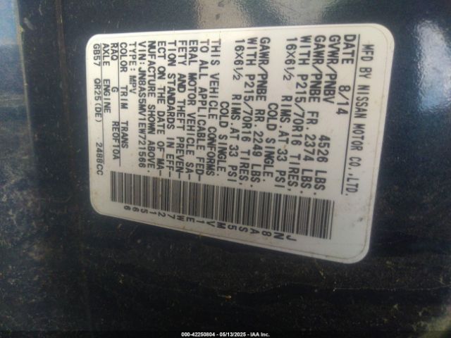JN8AS5MV1EW721566 Nissan Rogue Select S
