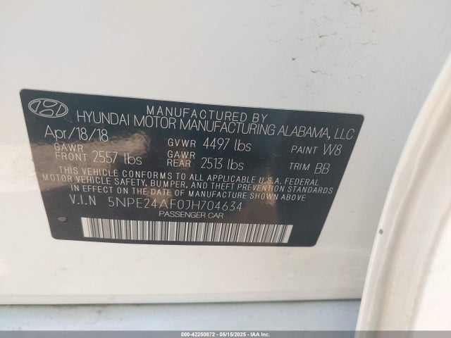 5NPE24AF0JH704634 Hyundai SONATA SE