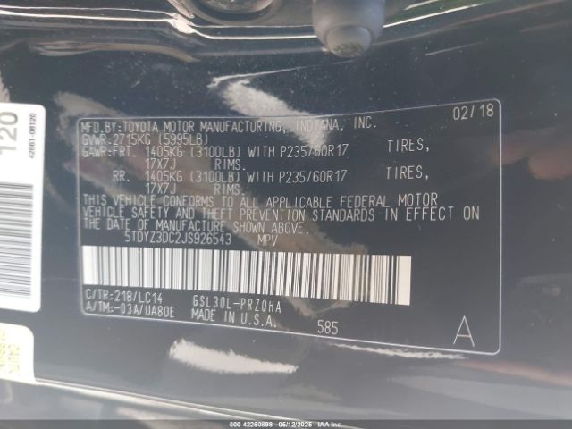 5TDYZ3DC2JS926543 Toyota Sienna Xle 8 Passenger
