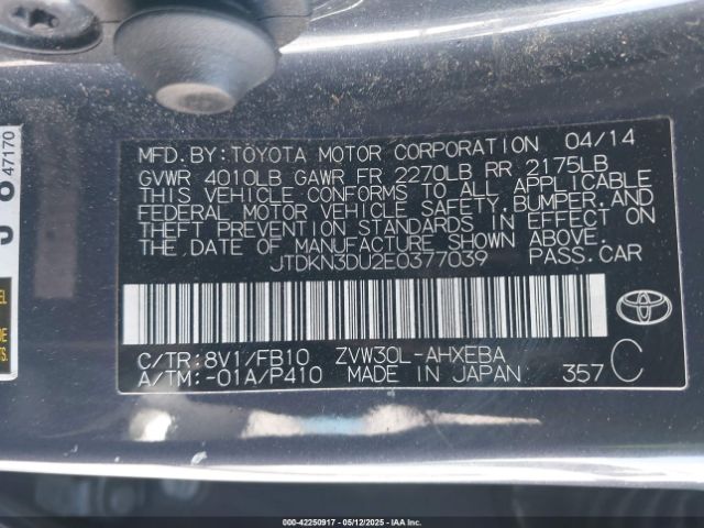 JTDKN3DU2E0377039 Toyota Prius Two