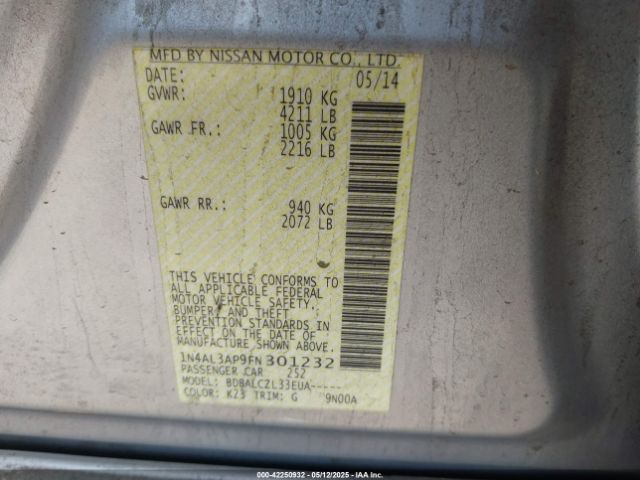 1N4AL3AP9FN301232 Nissan Altima 2.5/2.5 S/2.5 Sl/2.5 Sv