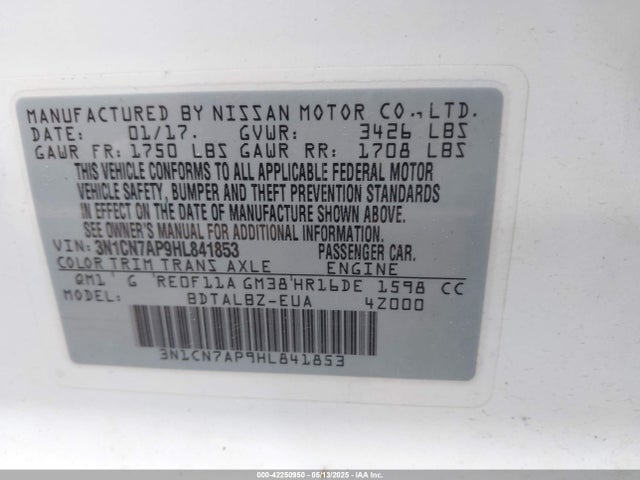 3N1CN7AP9HL841853 Nissan Versa 1.6 Sv