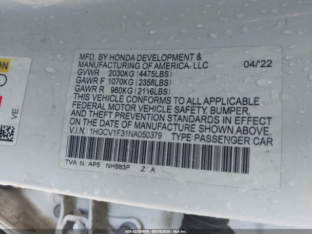 1HGCV1F31NA050379 Honda Accord Sport