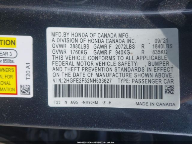 2022 HONDA CIVIC 2HGFE2F52NH533627 Photo 8