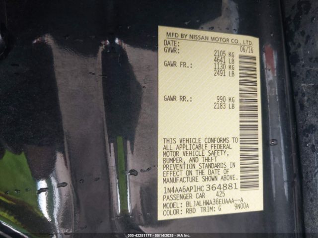 1N4AA6AP1HC364881 Nissan Maxima 3.5 Platinum