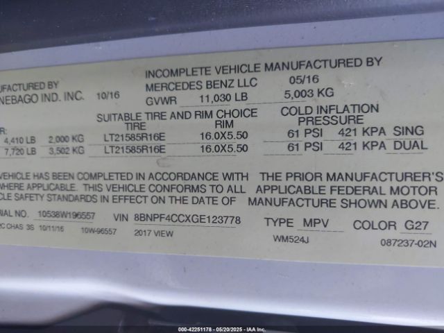2016 MERCEDES-BENZ SPRINTER 3500 8BNPF4CCXGE123778 Photo 8