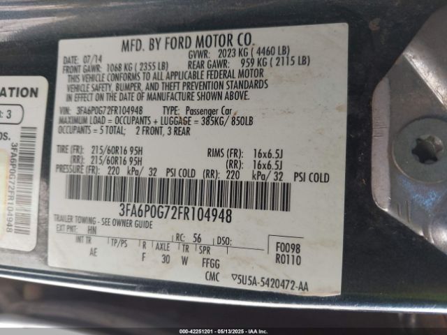 3FA6P0G72FR104948 Ford FUSION S