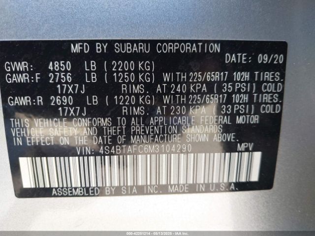 2021 SUBARU OUTBACK 4S4BTAFC6M3104290 Photo 8
