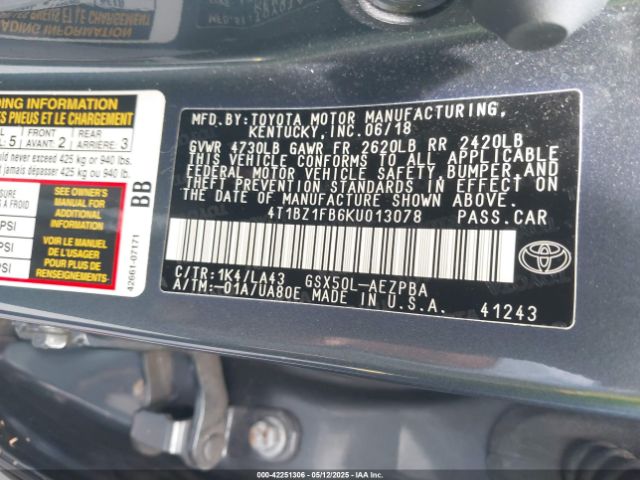 4T1BZ1FB6KU013078 Toyota AVALON LIMITED