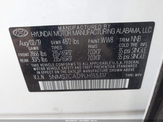 5NMS2CAD9LH155317 Hyundai Santa Fe Se