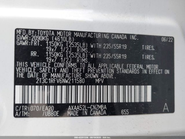 2T3C1RFV6NW211580 Toyota Rav4 Xle Premium