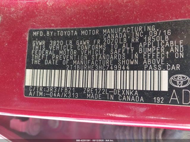 Toyota COROLLA LE 2017 2T1BURHE3HC749944 Image 9