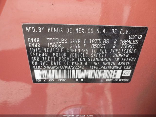 3HGGK5H87KM722342 Honda FIT EX