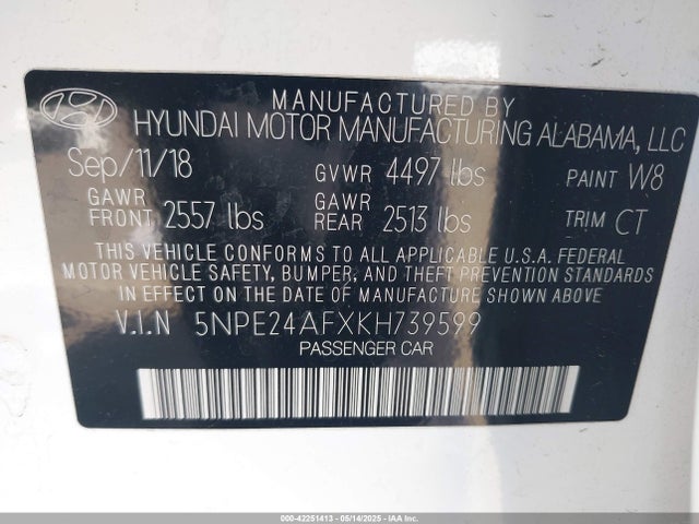 5NPE24AFXKH739599 Hyundai gdi theta-ii