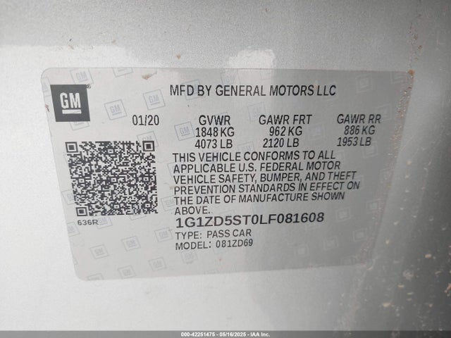 1G1ZD5ST0LF081608 Chevrolet lfv - direct injection, variable valve timing, gen 1