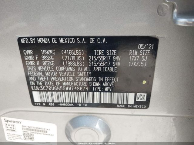 3CZRU6H55MM748674 Honda Hr-v Awd Ex