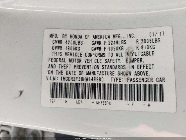 1HGCR2F38HA149280 Honda ACCORD LX