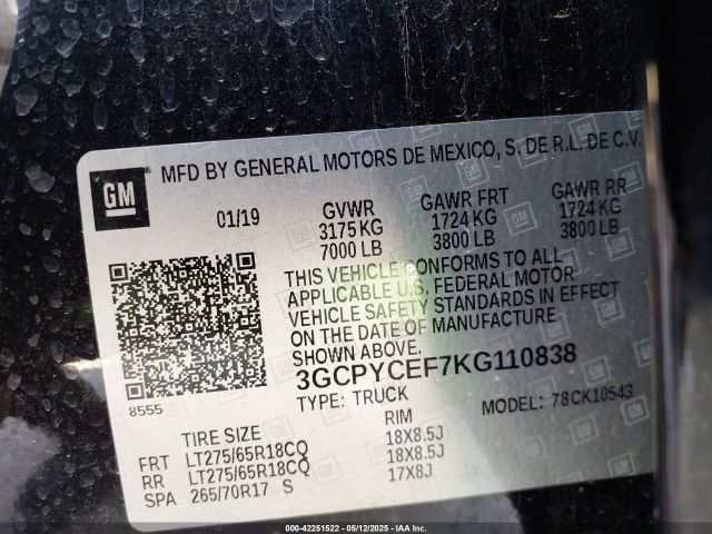 3GCPYCEF7KG110838 Chevrolet Silverado 1500 Custom Trail Boss