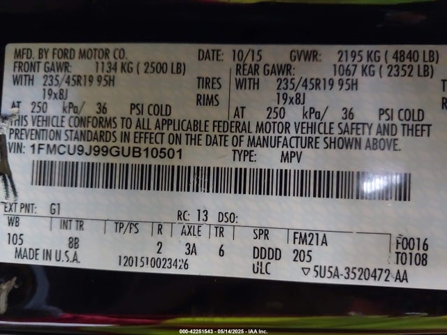 1FMCU9J99GUB10501 Ford Escape Titanium