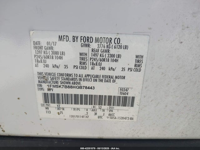 1FM5K7B88HGB78443 Ford Explorer
