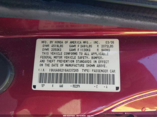 2006 ACURA TL 19UUA66216A037265 Photo 8