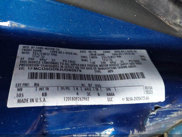 1FMCU0GD9JUD60979 Ford ESCAPE SE