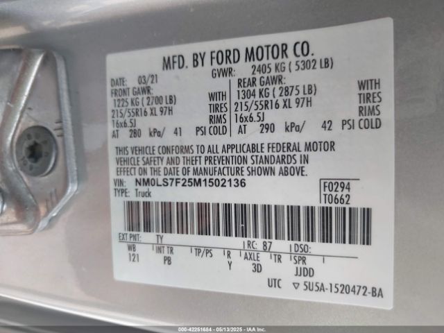 NM0LS7F25M1502136 Ford Transit Connect Xlt Cargo Van