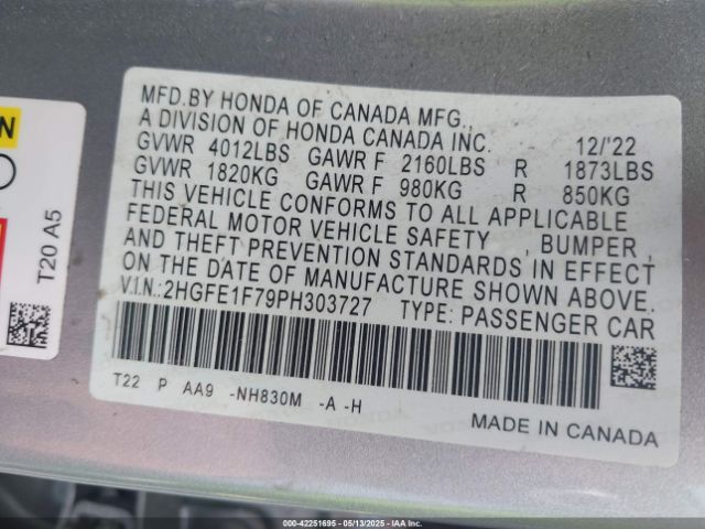 2HGFE1F79PH303727 Honda Civic Ex /ex W/o Bsi