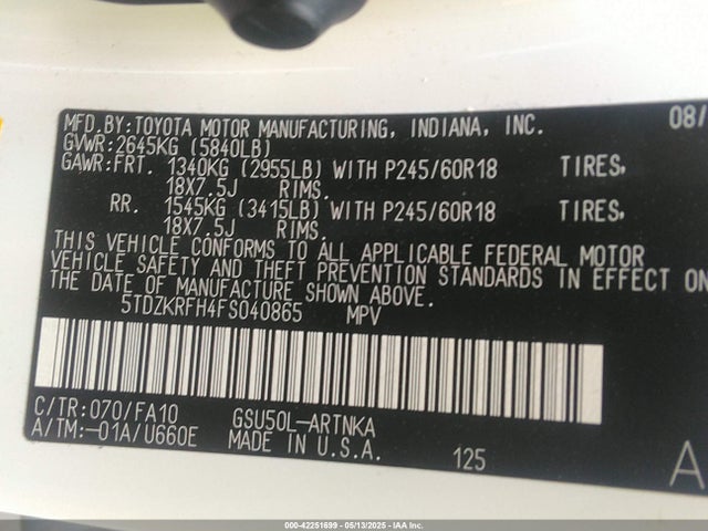 5TDZKRFH4FS040865 Toyota Highlander Le Plus V6