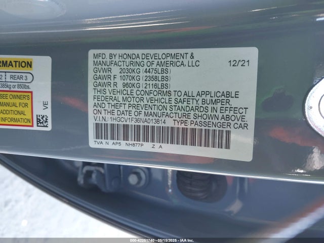 1HGCV1F36NA013814 Honda l15be