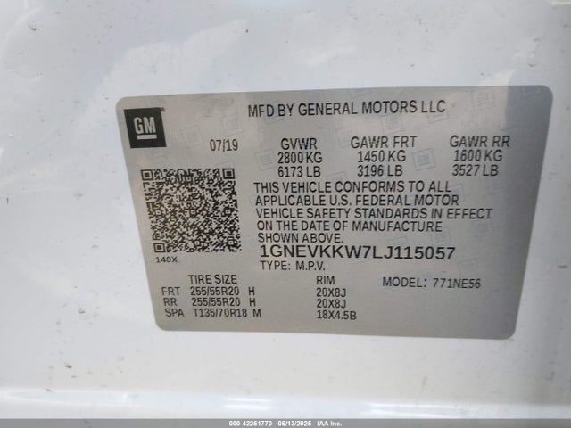 1GNEVKKW7LJ115057 Chevrolet Traverse Awd Premier