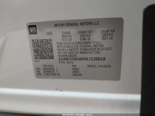 1GNEVGKWXNJ126618 Chevrolet Traverse Awd Lt Cloth