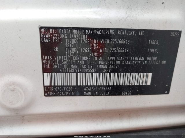 4T3T6RFV4NU085592 Toyota Rav4 Hybrid Se