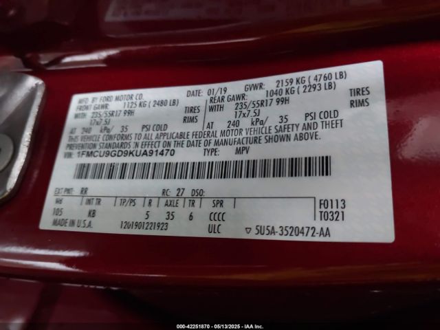 1FMCU9GD9KUA91470 Ford ESCAPE SE