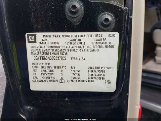 2003 CADILLAC ESCALADE ESV 3GYFK66N33G337055 Photo 8