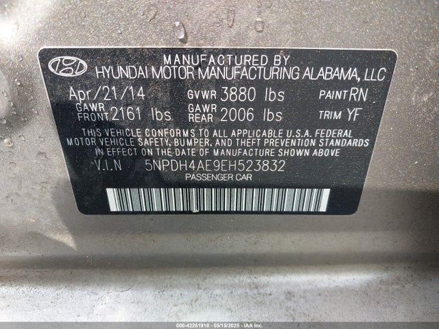 5NPDH4AE9EH523832 Hyundai ELANTRA SE