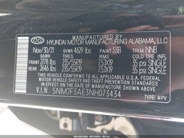 5NMJF3AE3NH073434 Hyundai TUCSON SEL
