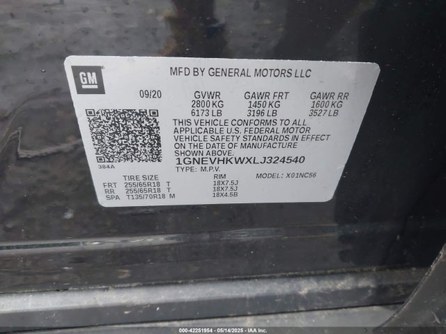 1GNEVHKWXLJ324540 Chevrolet Traverse Awd Lt Leather