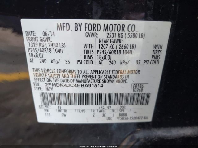 2FMDK4JC4EBA91514 Ford EDGE SEL