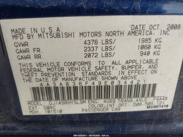 2009 MITSUBISHI GALANT 4A3AB36F49E034421 Photo 8