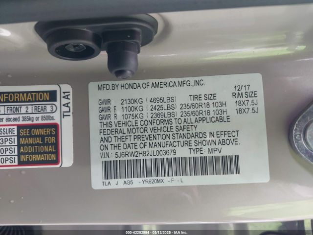 5J6RW2H82JL003679 Honda Cr-v Ex-l/ex-l Navi