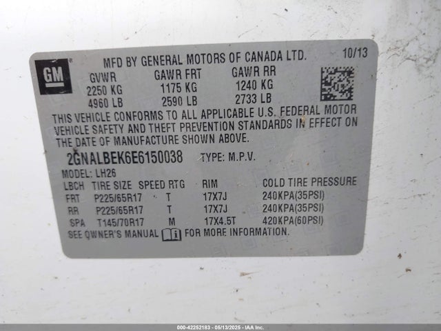 2GNALBEK6E6150038 Chevrolet EQUINOX 1LT